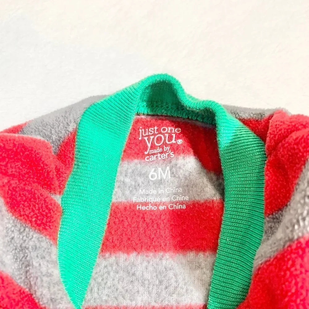 5/$25 Carter's Baby Reindeer Fleece Footed Pajamas‎ Sleeper Red Grey Stripe 6M